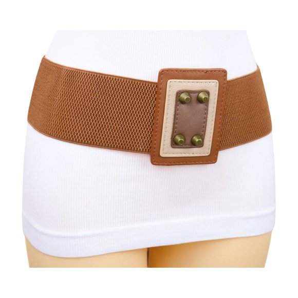 Women Brown Wide Elastic Belt Geometric Square Antique Gold Studs S M z042 - Picture 13 of 16